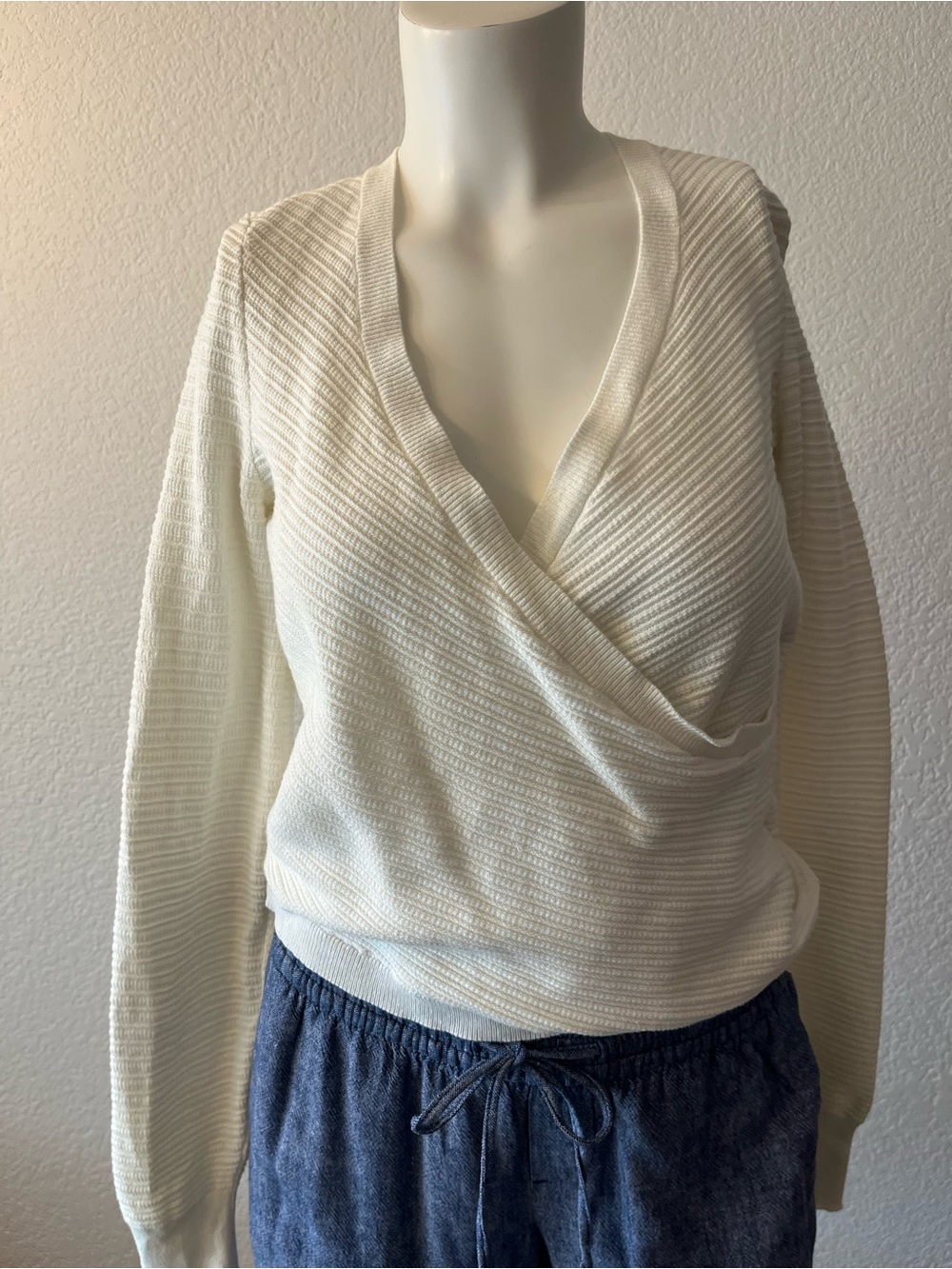 DKNY Jeans Women's Cream Wrap Surplice Knit Sweater